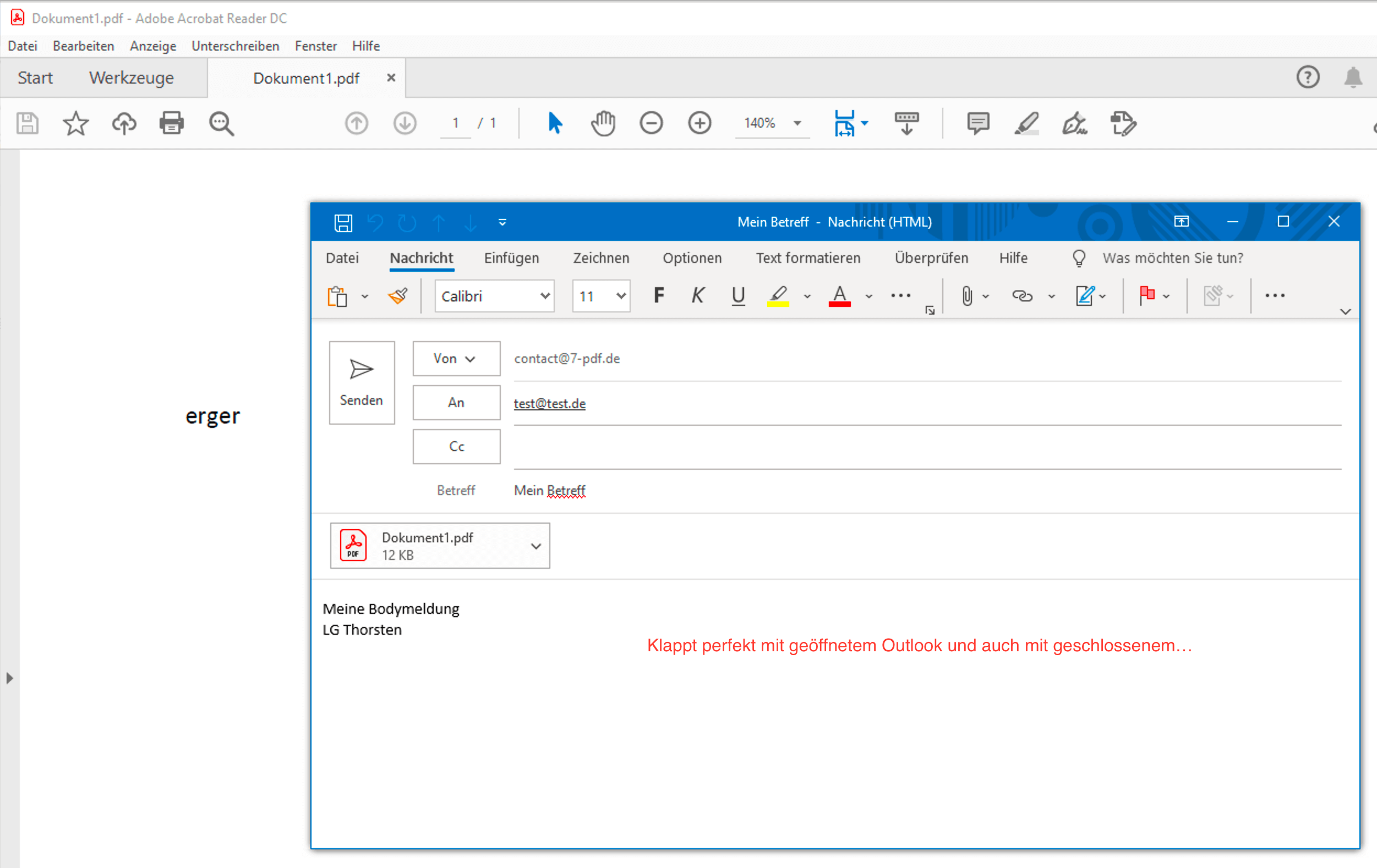 Le courrier électronique Outlook avec fichier PDF en pièce jointe s'ouvre automatiquement