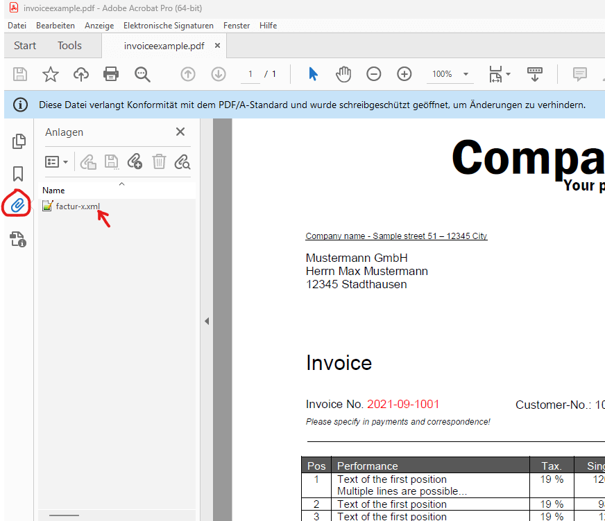 Facture PDF conforme au ZUGFeRD dans Acrobat Reader