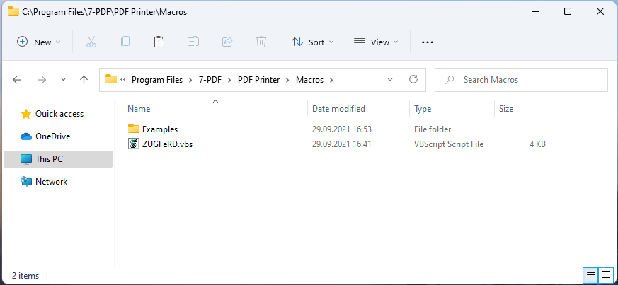 La macro ZUGFeRD.vbs doit être placée dans le dossier macros de l'imprimante 7-PDF.