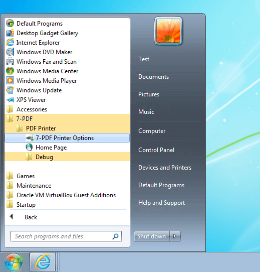 Boîte de dialogue Options Win 7