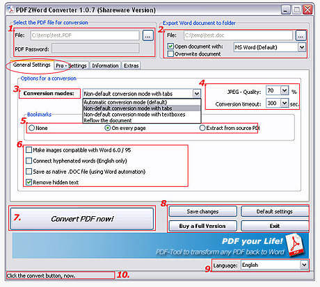 Paramètres généraux de PDF2Word