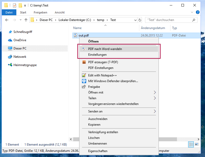 Appelez le convertisseur PDF en Word à partir du menu contextuel de l'Explorateur Windows